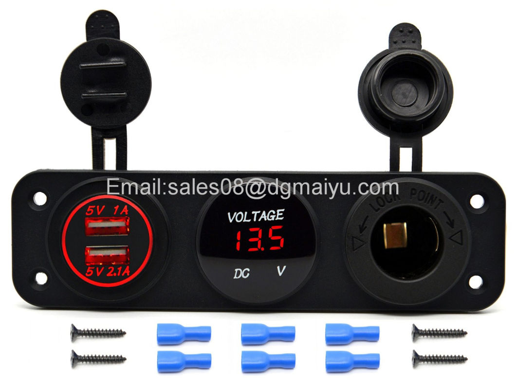 New Car Motorcycle Power Port Dual USB Adapter Charger +12V/24V Cigarette Lighter Socket + Digital Voltmeter for Phone iPod