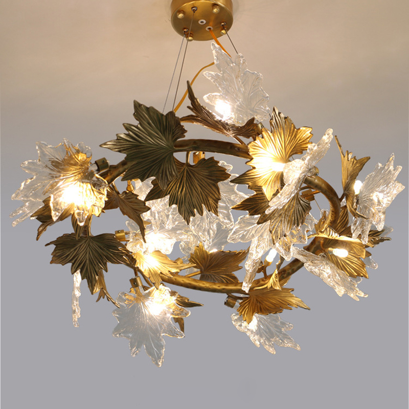 Contemporary Copper Glass Maple Leaf Chandelier with G9 LED Bulb