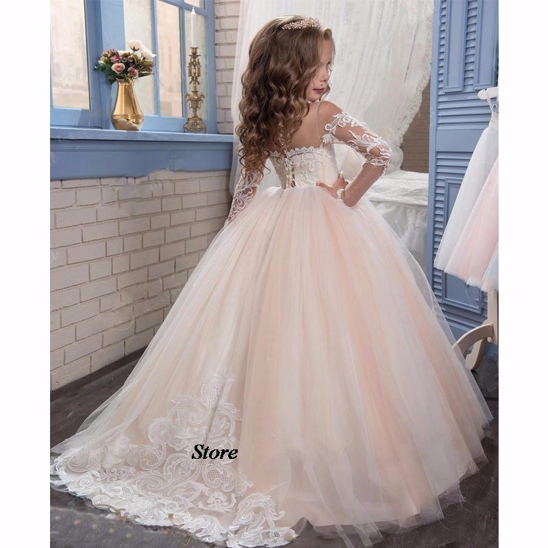 2017 Romantic Champagne Puffy Lace Flower Girl Dresses FL001