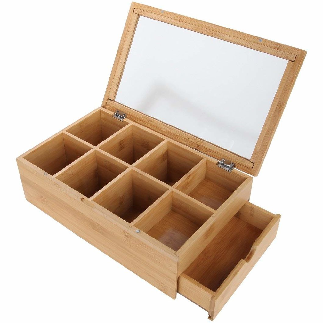 Natural Bamboo Tea Box with Slide out Drawer 8 Divided Sections with Window Top