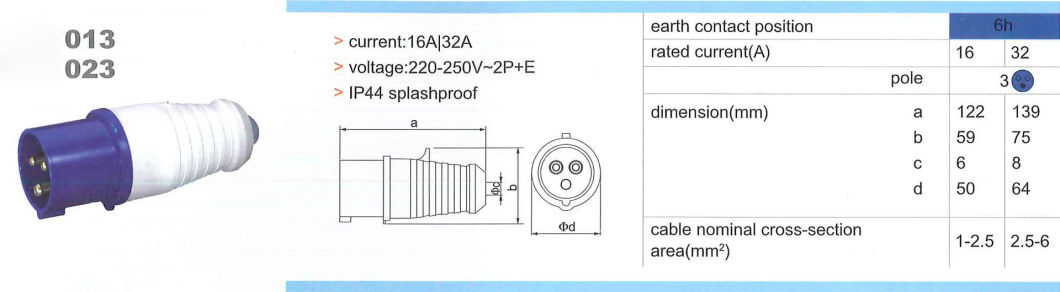 3pin Industrial Power Plug 013 16A 32A Waterproof IP44