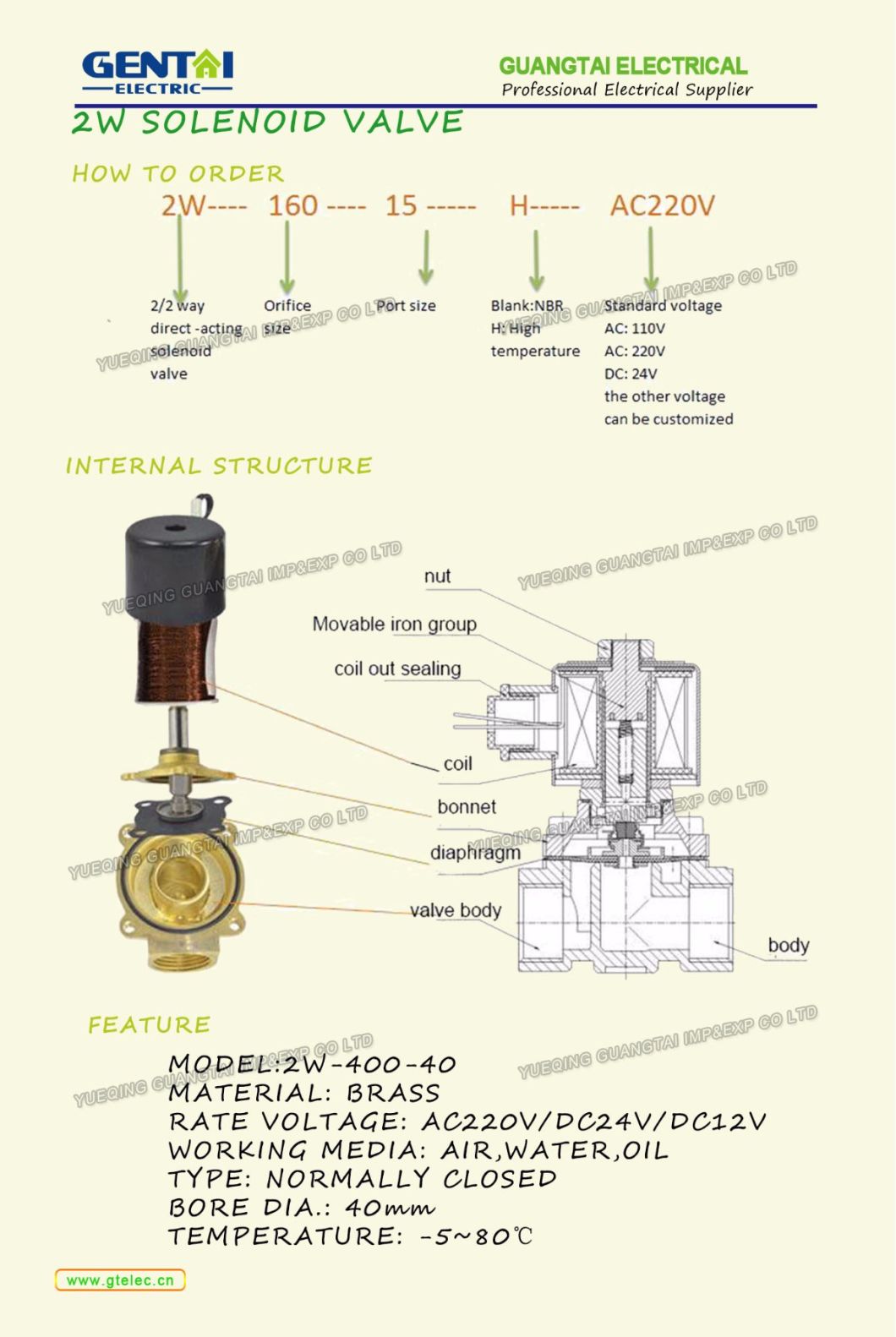 2W-400 Pneumatic Brass Ball Solenoid Air Valve