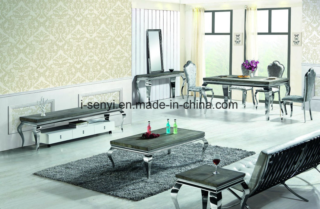 Living Room Furniture Alternative White Marble & Imitated Wood Top Stainless Steel Coffee Table