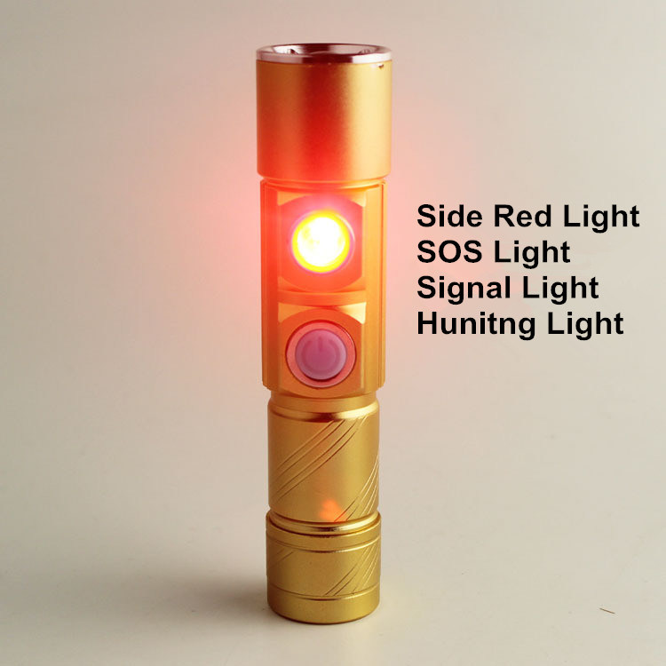 5 Modes 2* CREE Q5 LED Flashlight White/Red Color Built-in Rechargeable 16340 Battery USB Zoomable Signal Torch Light