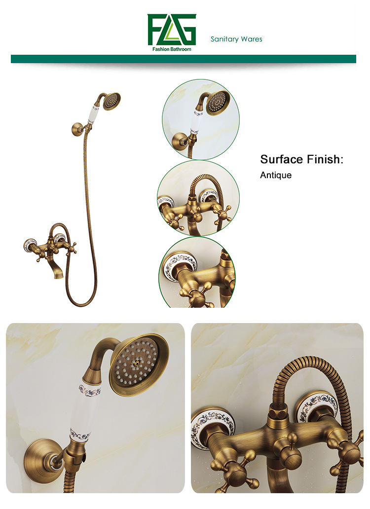 FLG Antique Shower Set Solid Brass with Wall Mount Faucet