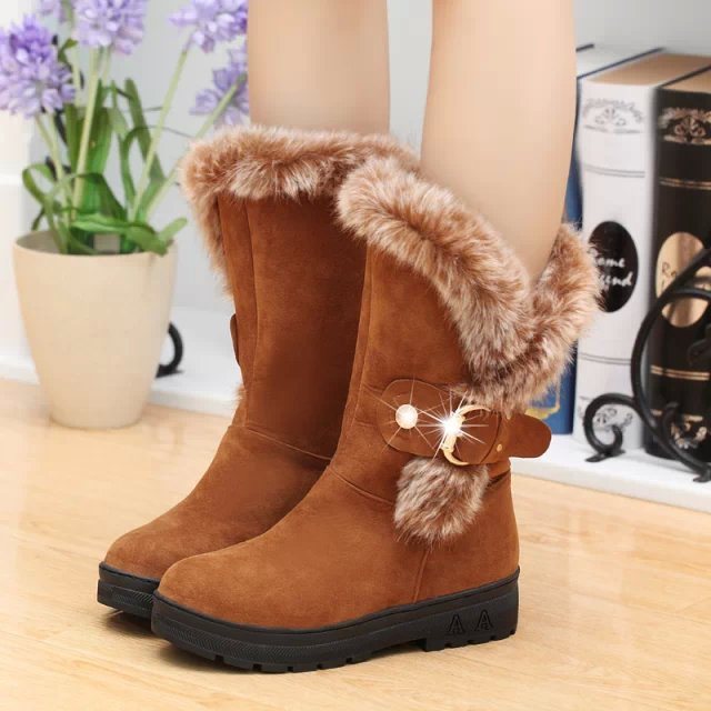 Fashion Women's Winter Warm Faux Fur Leather Ankle Snow Boots