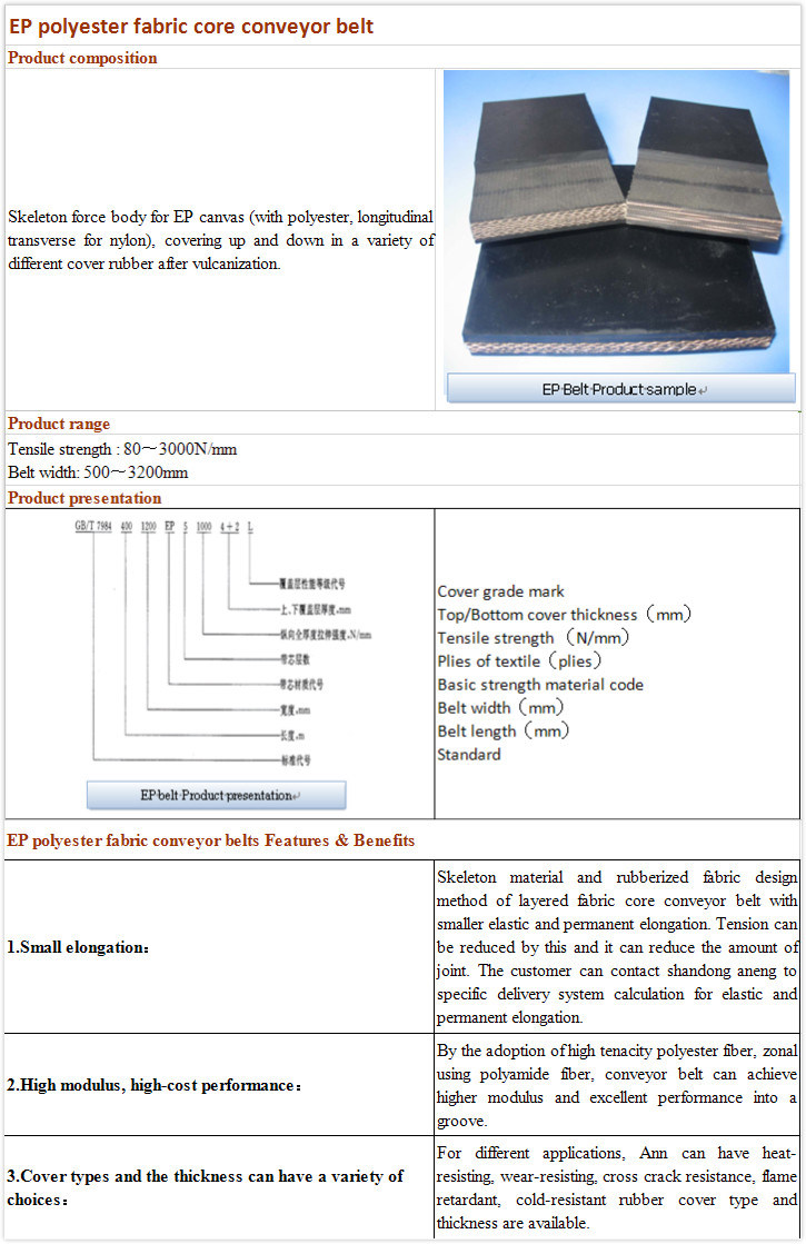 Fire Resistant and Anti Static for Coal Mine Use Ep Conveyor Belt DIN22109-V