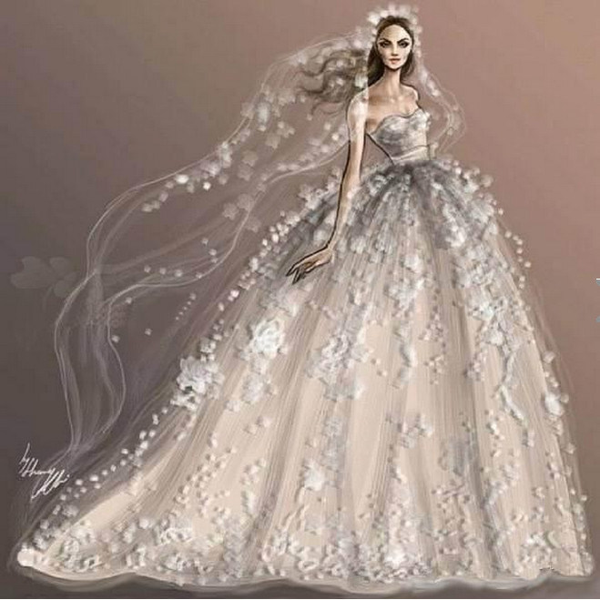 Design Drawing Manuscript Sketch Realizable Wedding Dress (Dream-100002)