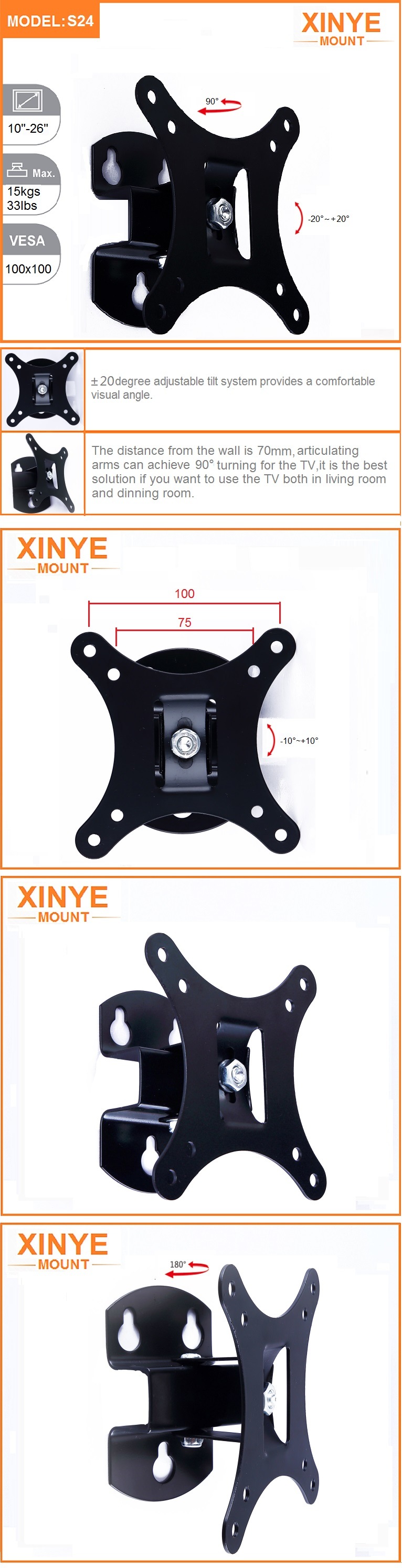 Tilt 30 Degrees Swivel 180 Degrees TV Mount for 10-26 Inch