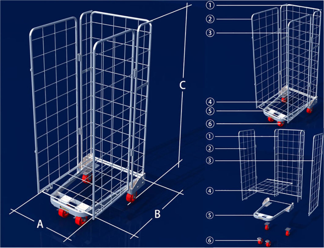 European Supermarket Multi-Layer Foldable Nesting Mesh Roll Container Trolleys