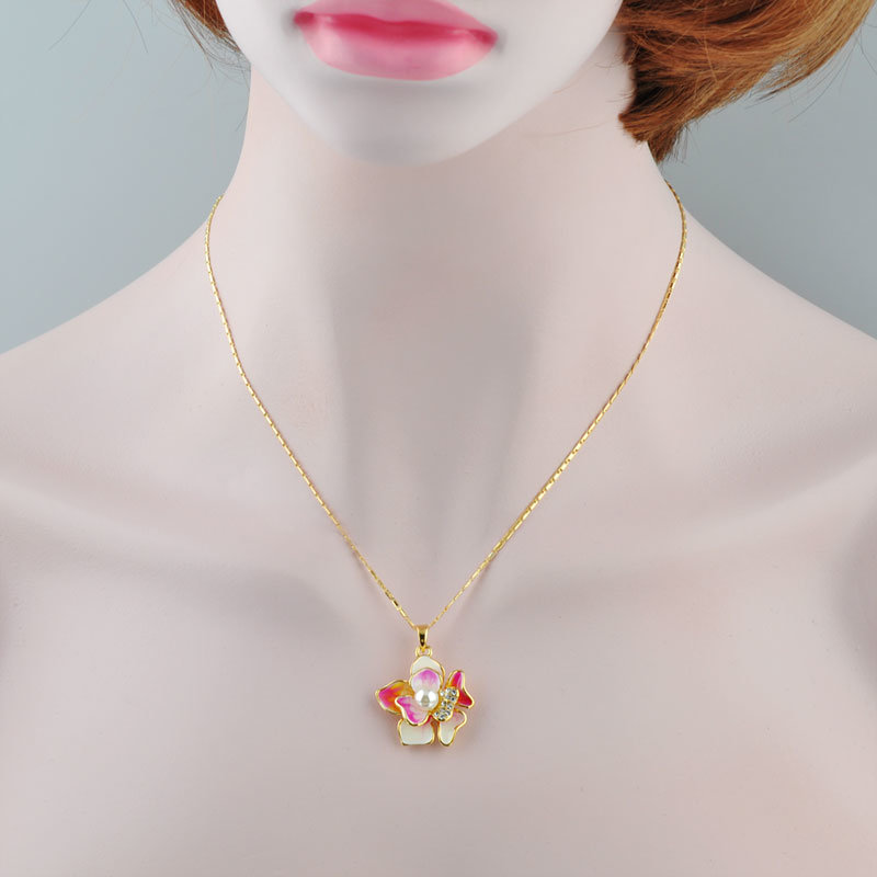 Girls Fashion Jewelry Crystal Enamel Flower Pearl Necklace