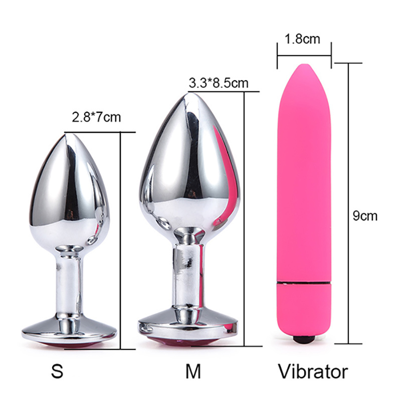 Anal Sex Toys 3PCS/Set for Adult Booty Beads with Pink Color Crystal S/M/L Sizes Stainless Steel Metal Anal Plug