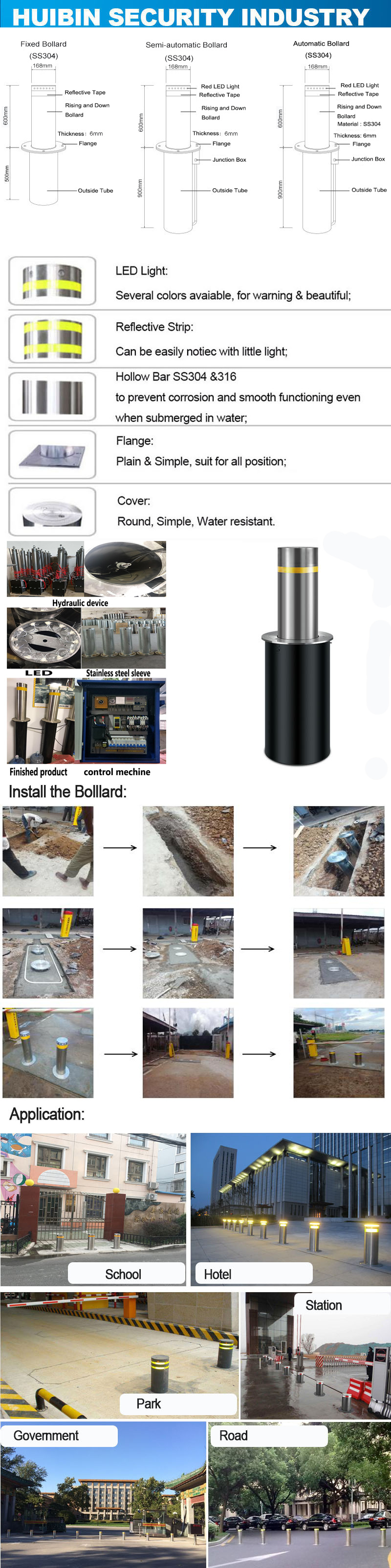 Access Control System Automatic Rising Hydraulic Bollard with Warning Sign