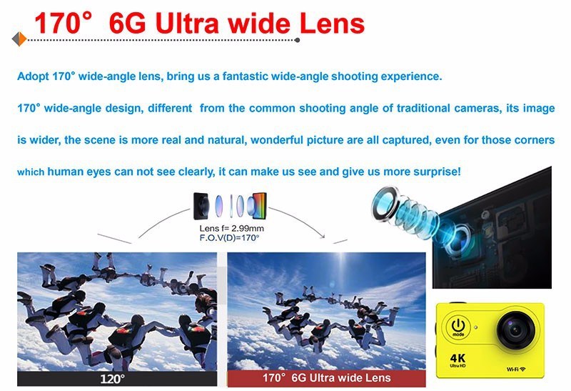 100% Original H9 Ultra HD 4k Video 170 Degrees Wide Angle Sports Camera 2 Inch Screen 1080P/60fps Action Camera Sj6000 WiFi Style