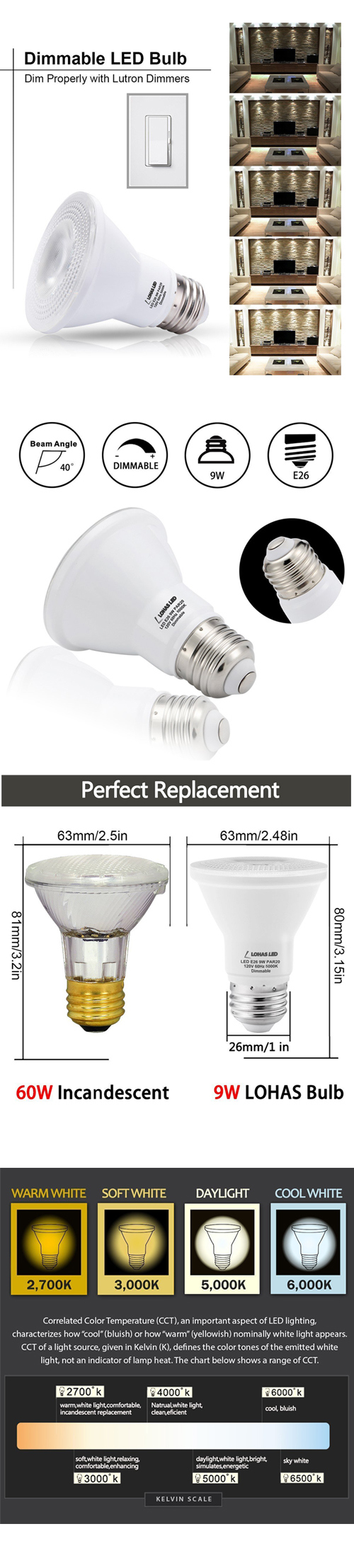 Dimmable Contracted LED PAR Light for Interior Lighting with E26 9W 12W 15W 18W 20W PAR 20 PAR30 PAR38