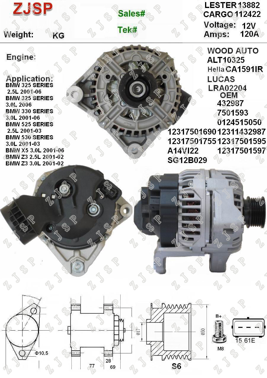 BOSCH Alternator ZJA-B-207	CA1591IR	LRA02204	112422	0124515050 SG12B029	13882	1-2522-01BO/ALT10325	12V/120A	S6	BMW 325 SERIES 2.5L 2001-06