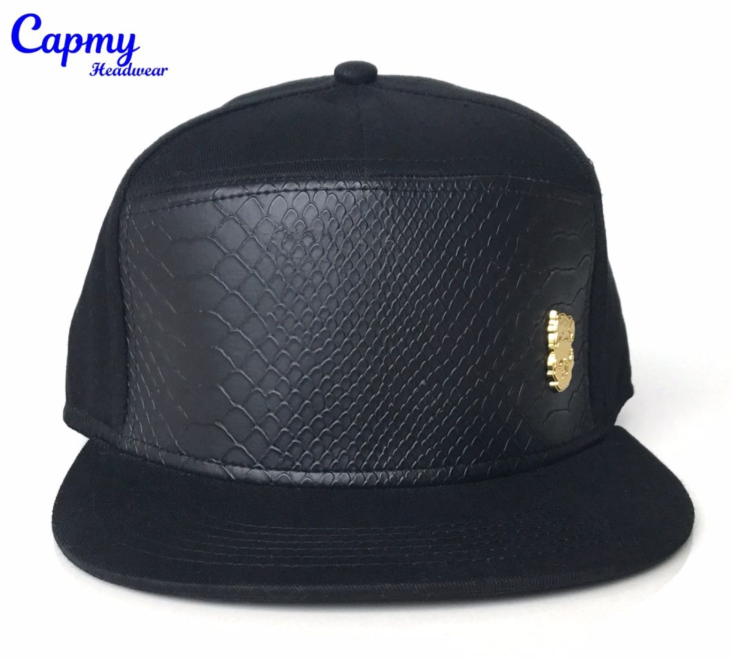 New Design Black Leather Crown Snapback Cap