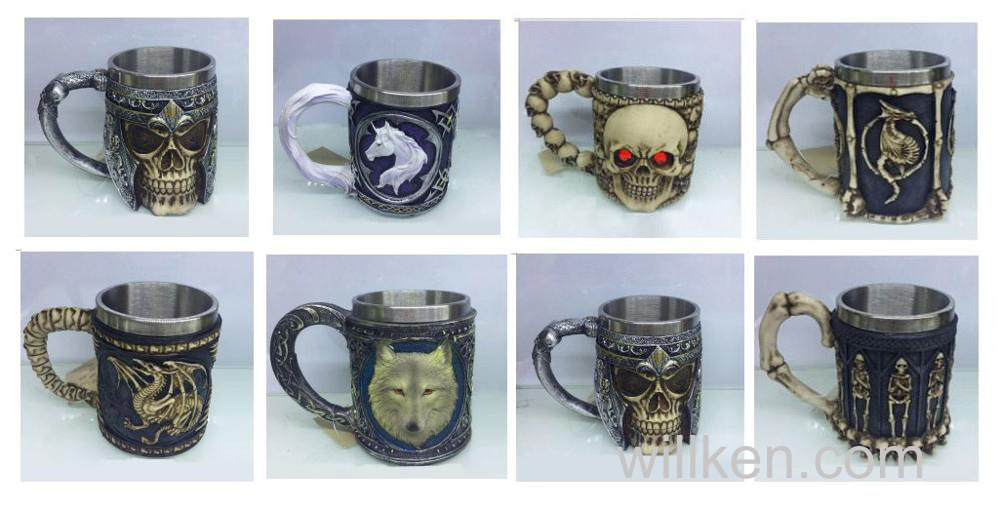 Halloween Skull Cup Mug for Coffee Beer Wine, Stainless Steel and Resin