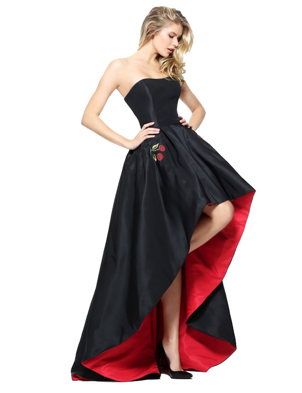 Noble Strapless Black High Low Prom Dress with a Red Lining
