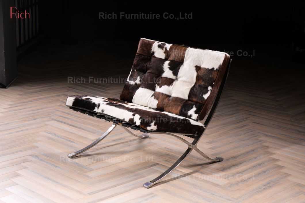 Lounge Design Chair Cowhide Barcelona Chair with Stainless Steel Frame