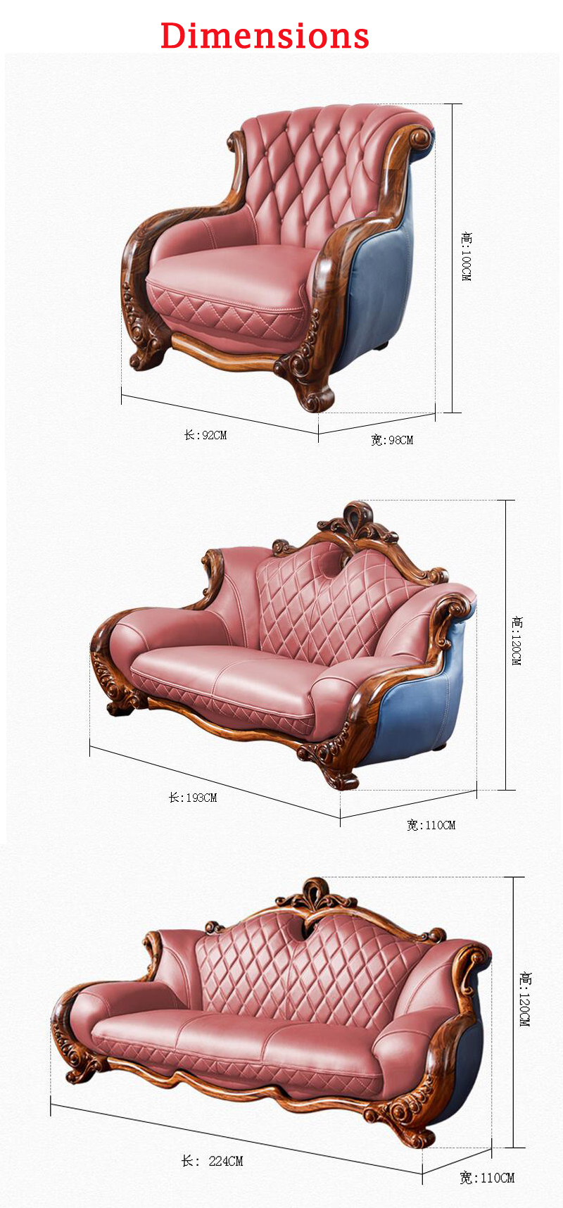 2018 New Solid Wood European Style Leather Sofa for Home Living Room (T03)