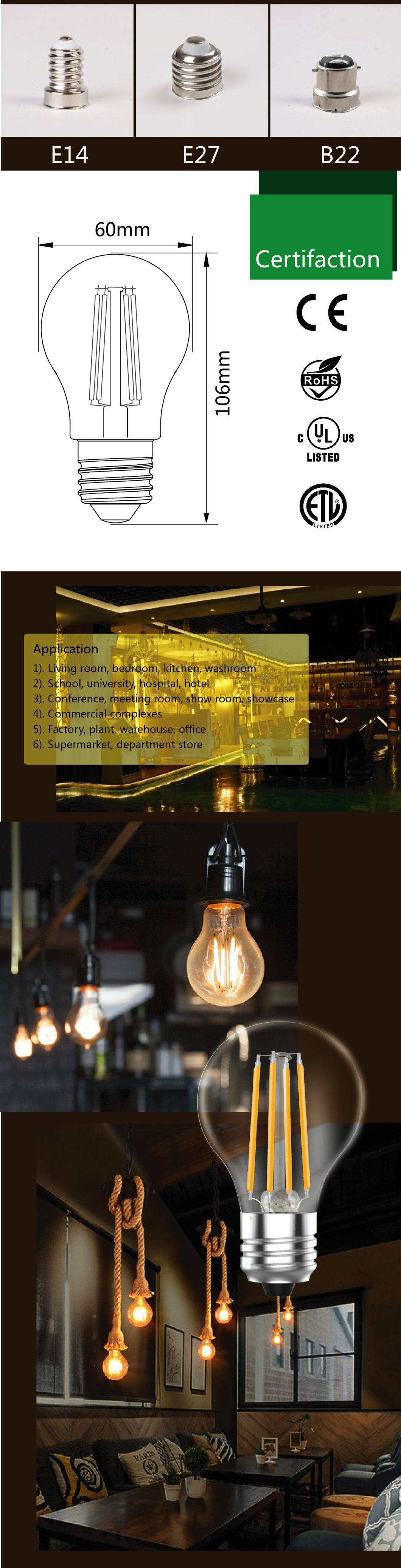 A60 2W-11W 1500lm Energy Saving LED Filament Bulb Light