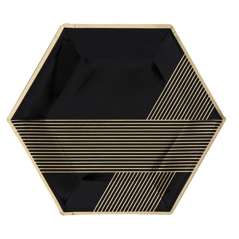 Gold Blocking Black Texture Disposable Tableware Set Paper Plates Cups Napkins Party Wedding Carnival Tableware Supplies