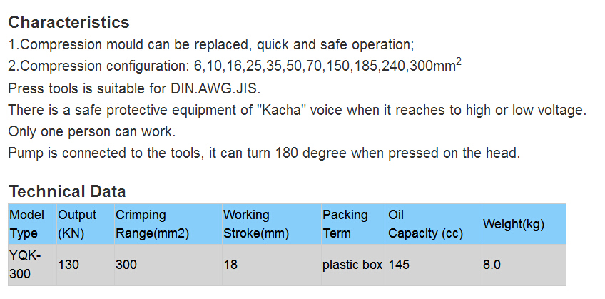 Cable Yqk-300 Hydraulic Crimping Tools