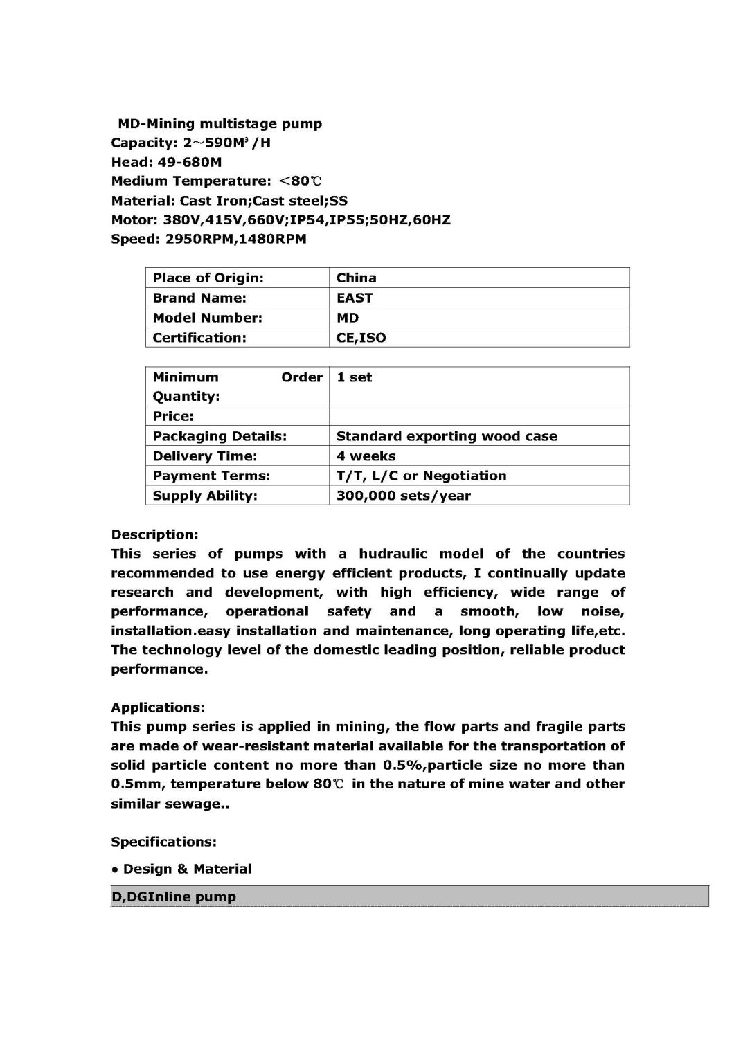 Electrical Multistage Water Pump with CE Certificates