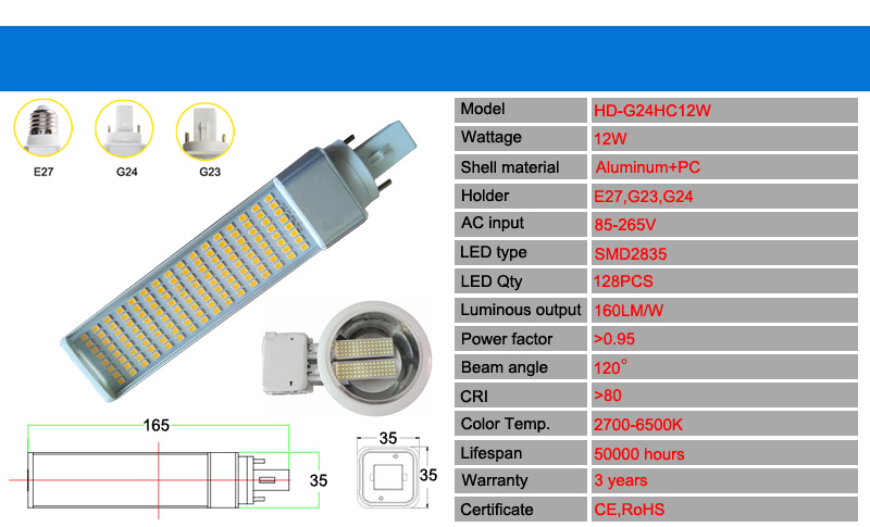 270 Degree Rotatable E27, G23, G24, Gx23, Gx24, E14, B22 12W Pl LED Lamp