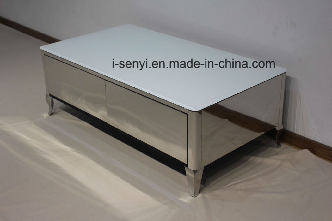 Simple Design 4 Solid Wood Drawers White Glass Stainless Steel Coffee Table Living Room Furniture