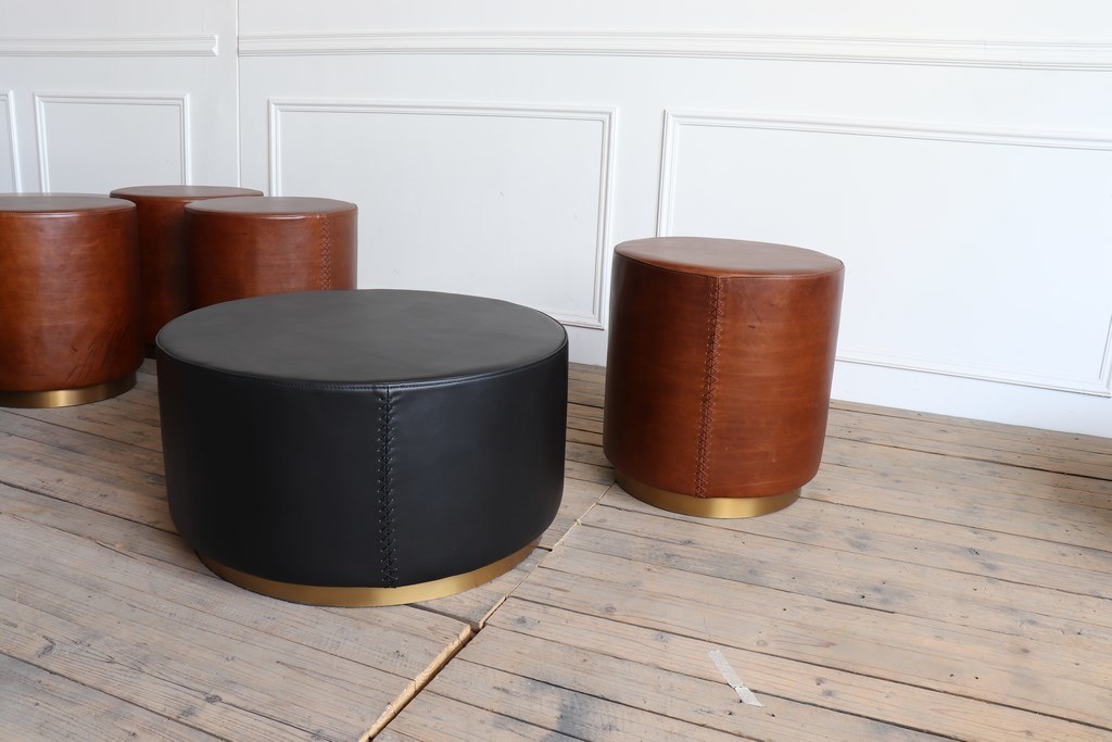 Vintage Brown Leather Top and Plating Gold Color Brushed Round Bottom Coffee Table Side Table