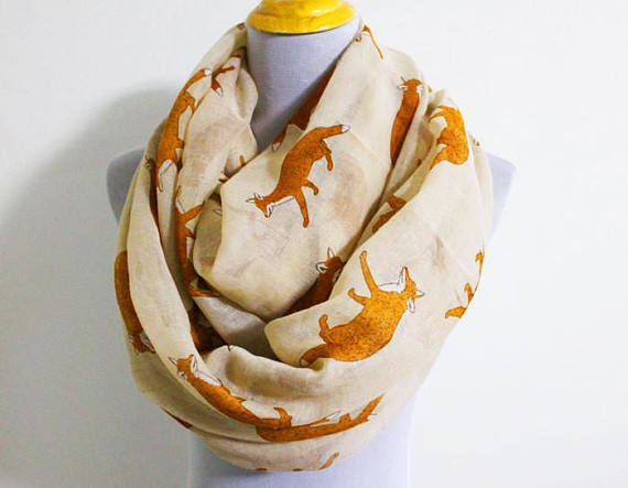 Gray Fox Infinity Scarf, Little Fox Scarf, Fall Scarf, Loop Scarf, Winter Scarf, Christmas Gift, for Her, Winter Shawl, Autumn Scarf