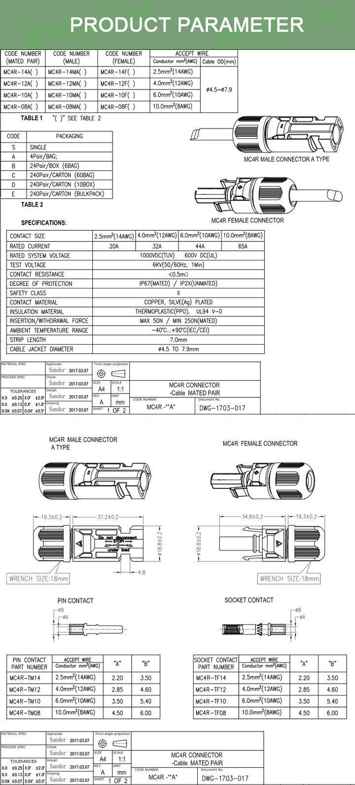 Solar PV Connector Mc4 High Effiency IP 67 Mc4 Connector