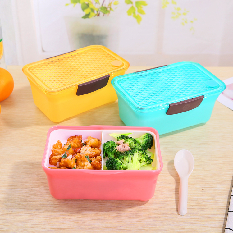 2 Compartments Plastic Bento Lunch Box with Lid and Spoon