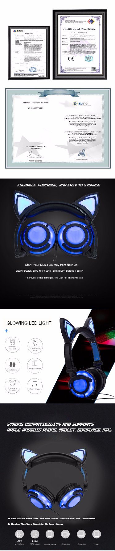 2017 Hot New Glowing Wired Chargeable Cat Ear Headphones