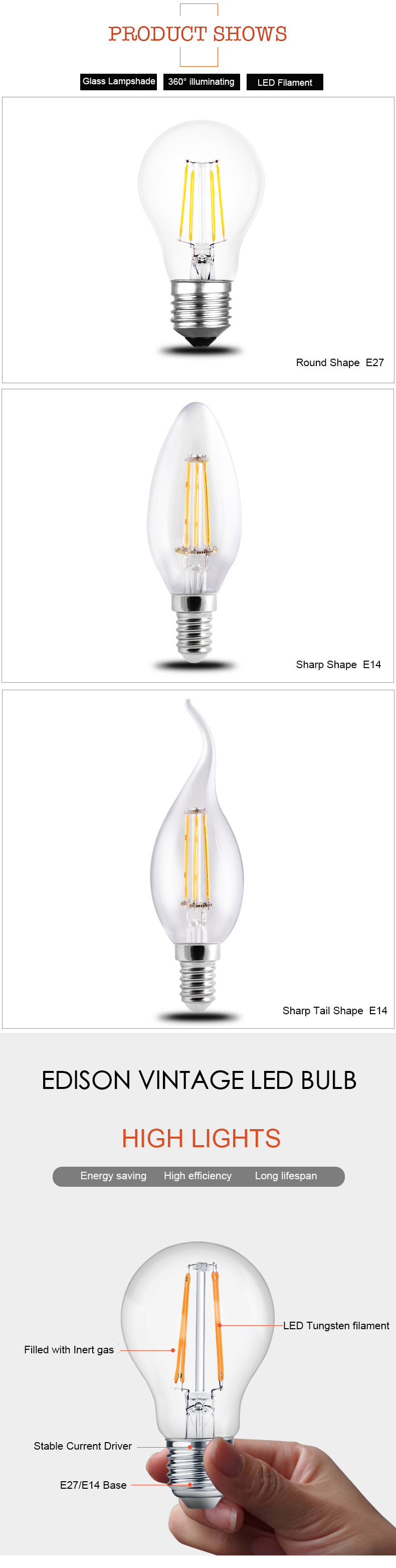 4000K Dimmable Vintage LED Filament Edison Bulb E27 St64 Golden Filament Bulbs 10W 8W 6W 4W 2W Lighting