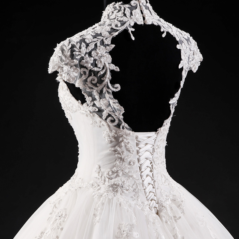 High Collar Backless Beading Lace Bridal Wedding Dress