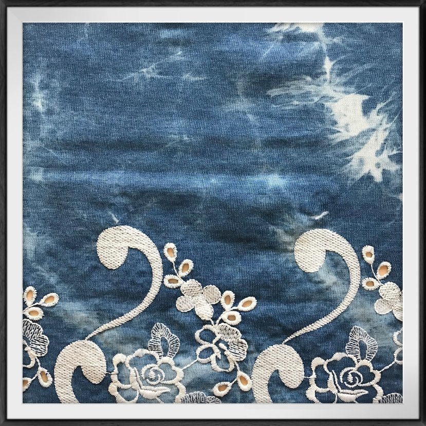 Tie-Dyed Woven Denim Fabric Polyester Eyelet Embroidery Lace Fabric