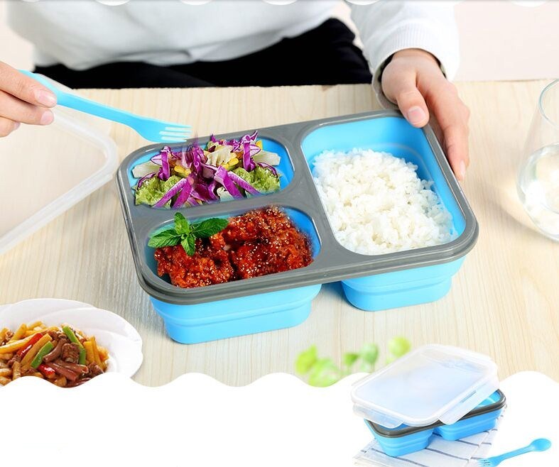 BPA Free 3 Holes Leakproof Foldable Silicone Bento Lunch Box with Fork