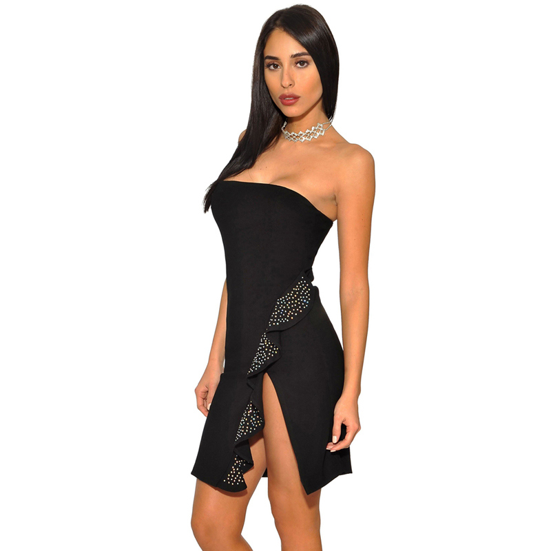 Black Strapless Ruffled Side Slit Party Cocktail Bandage Dress