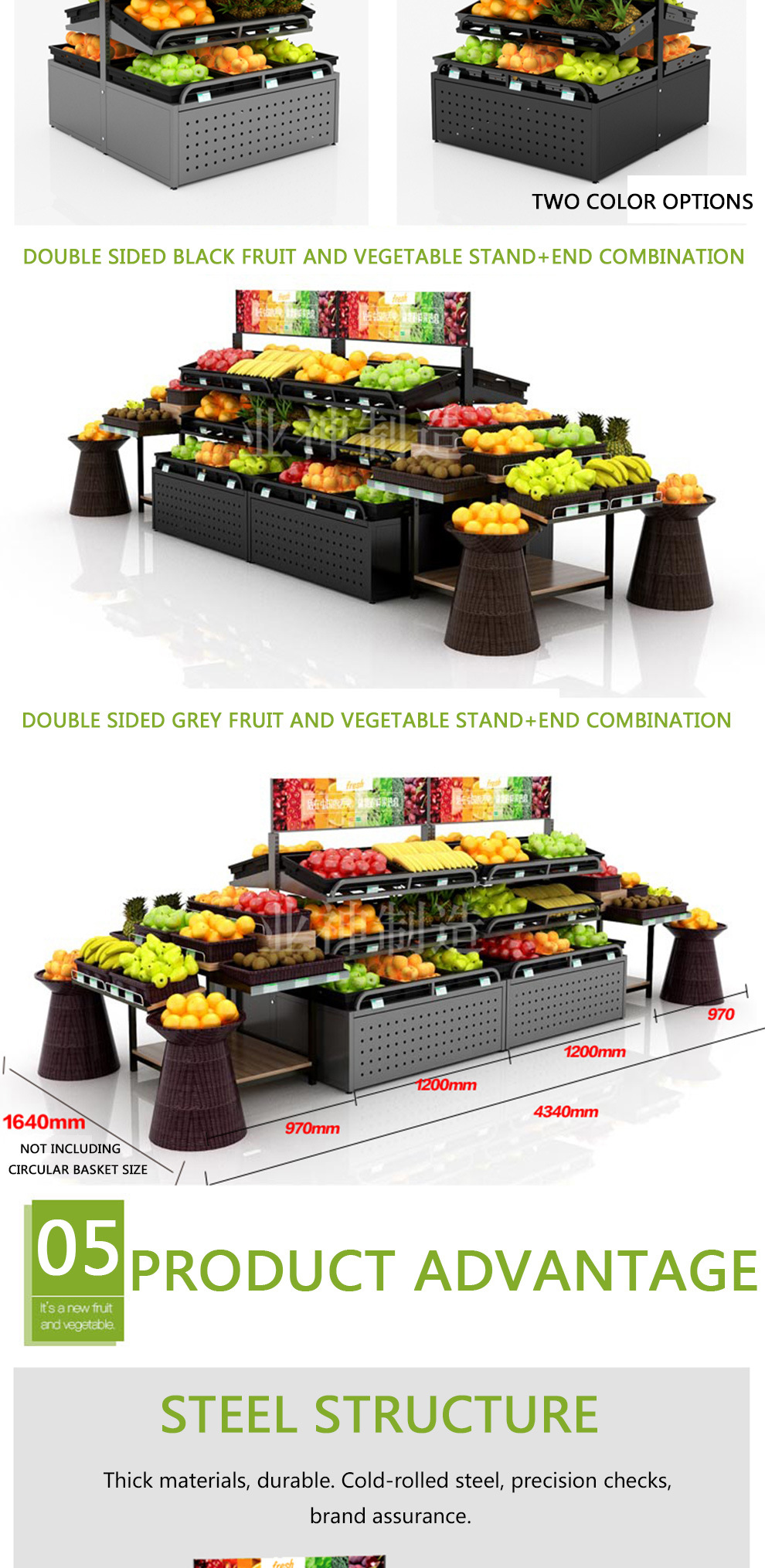 2018 Supermarket Single and Double Side Fruit Vegetable Three Tier Display Rack