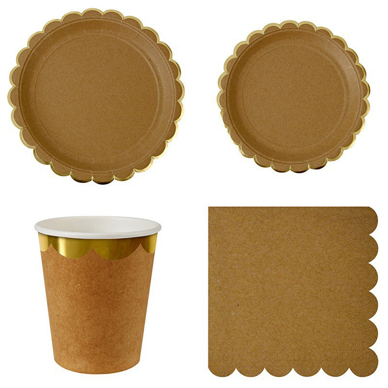 Pure Kraft Paper Themed Disposable Tableware Set Paper Plates Cups Napkins Party Wedding Carnival Tableware Supplies