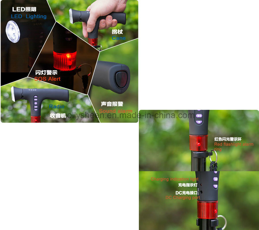 Shenzhen Factory Production and Wholesales Muilt-Function Cane Smart Walking Stick with LED Light Turned Part Folding Pole Compliant for Ce, RoHS, FCC