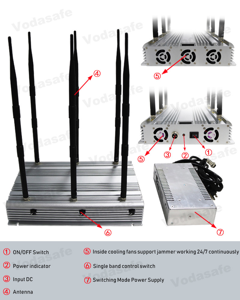 High Power Stationary 6bands Jammer/Blocker 6 Antenna 433, 315 Lojack Portable Stationary Adjustable Jammer CDMA/GSM/3G/4glte Cellphone/Wi-Fi /Bluetooth