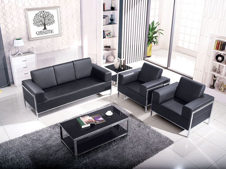 Black Color Genuine Leather Office Reception Sofa with Stainless Steel Frame