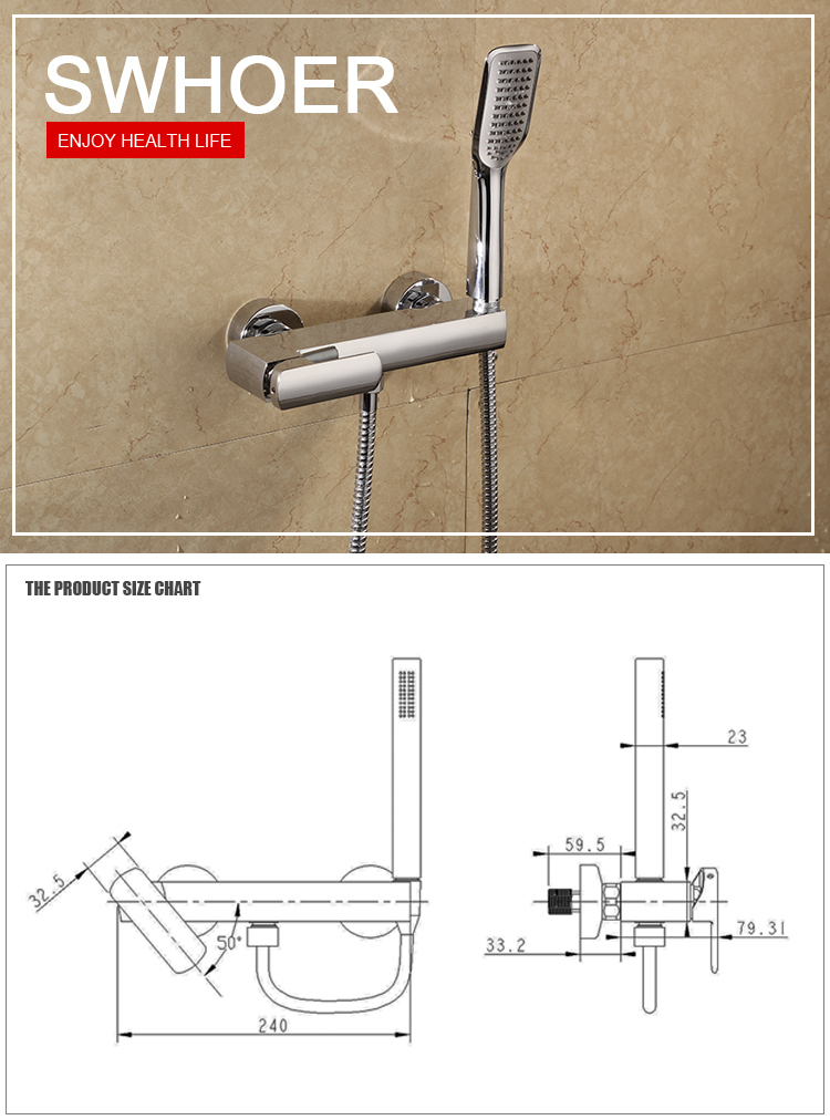 Wall Mounted Chrome Bathroom Brass Bath Mixer Taps with Handheld Shower