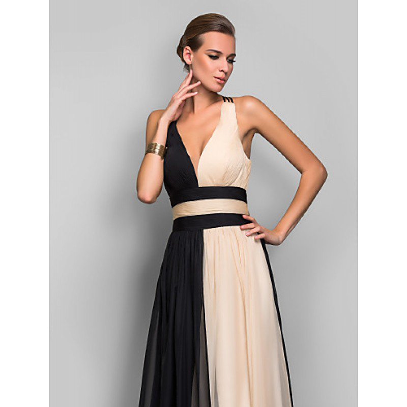 Beautiful Back Color with Block Vintage A-Line V-Neck Formal Evening Dress