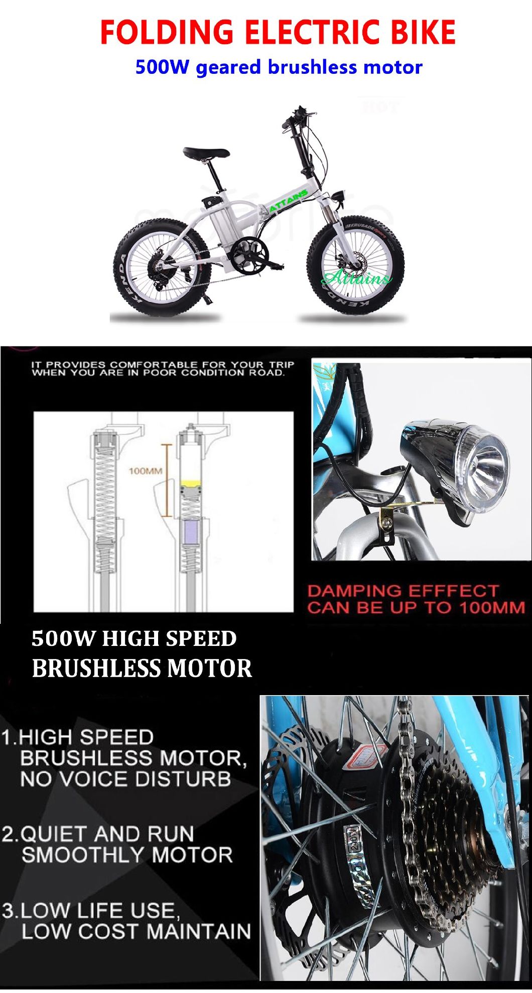 20'' Folding Fat Tire Electric Snow Mountain Bicycle Bike