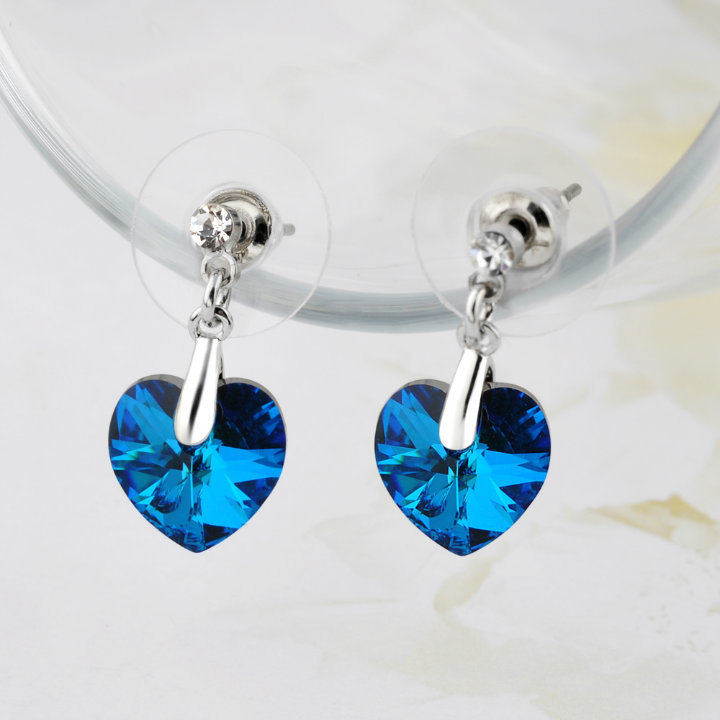 Sapphire Blue Crystal Heart Valentine's Gift Fashion Jewelry Gold Drop Earring